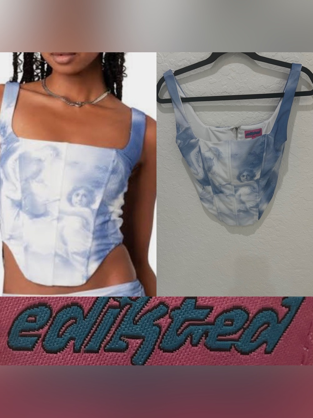 Edikted Blue & White Angel Print Corset Camisole